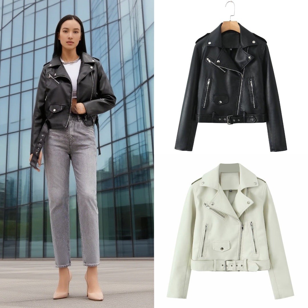 Damen Robuste taillierte Bikerjacke aus Kunstleder mit asymmetrischem Reißverschluss und Taillengürtel Drune