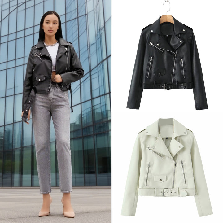 Damen Robuste taillierte Bikerjacke aus Kunstleder mit asymmetrischem Reißverschluss und Taillengürtel Drune
