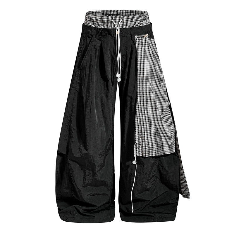 Damen weite Baggy-Hose mit asymmetrischem Karo-Seitenteil und Tunnelzug Drune