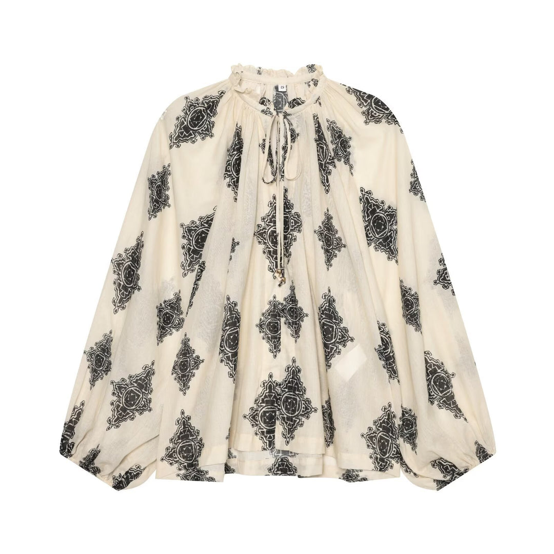 Damen Weite Boho-Bluse mit Rüschkragen, Tunnelzug und Ballonärmeln Drune