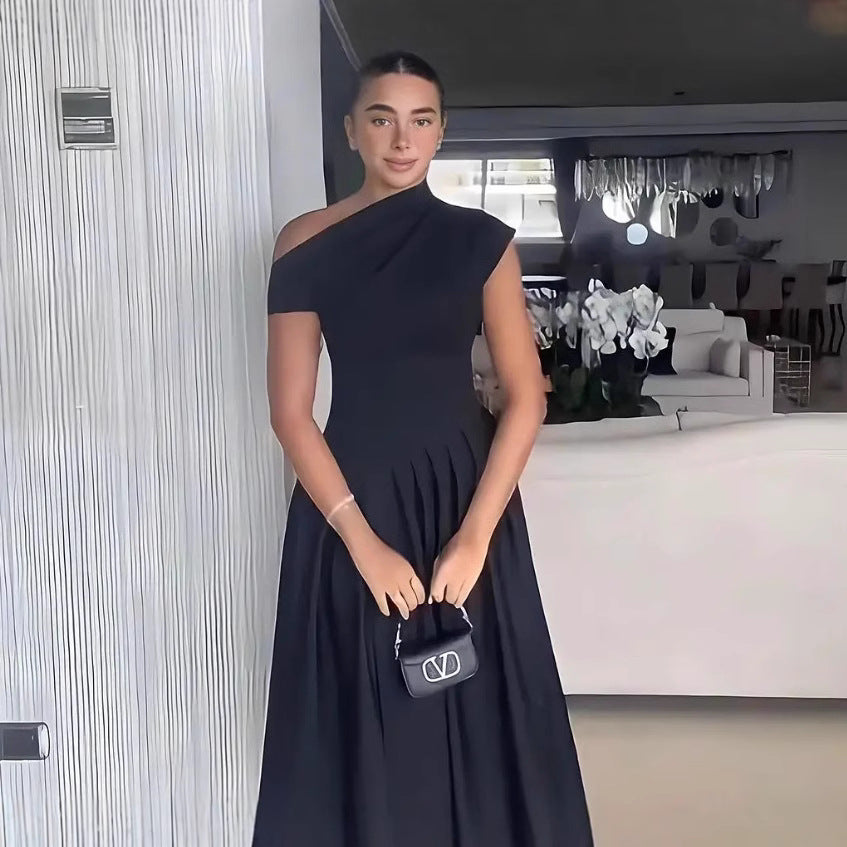 Damen elegantes Maxikleid mit asymmetrischem One-Shoulder-Design und schwingendem Rock Drune