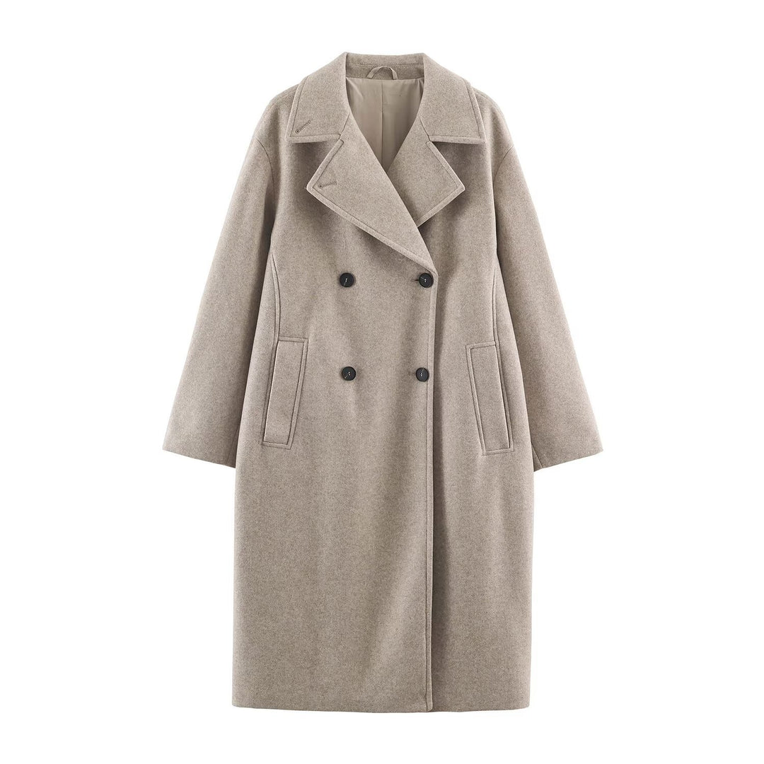 Damen Midilanger Wollmix-Doppelreihenmantel mit weitem Revers und Eingrifftaschen Drune