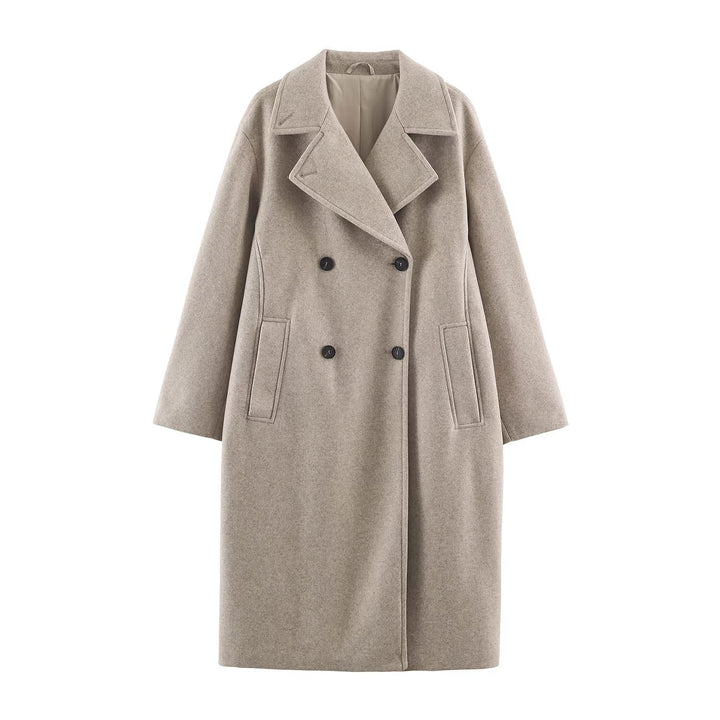 Damen Midilanger Wollmix-Doppelreihenmantel mit weitem Revers und Eingrifftaschen Drune