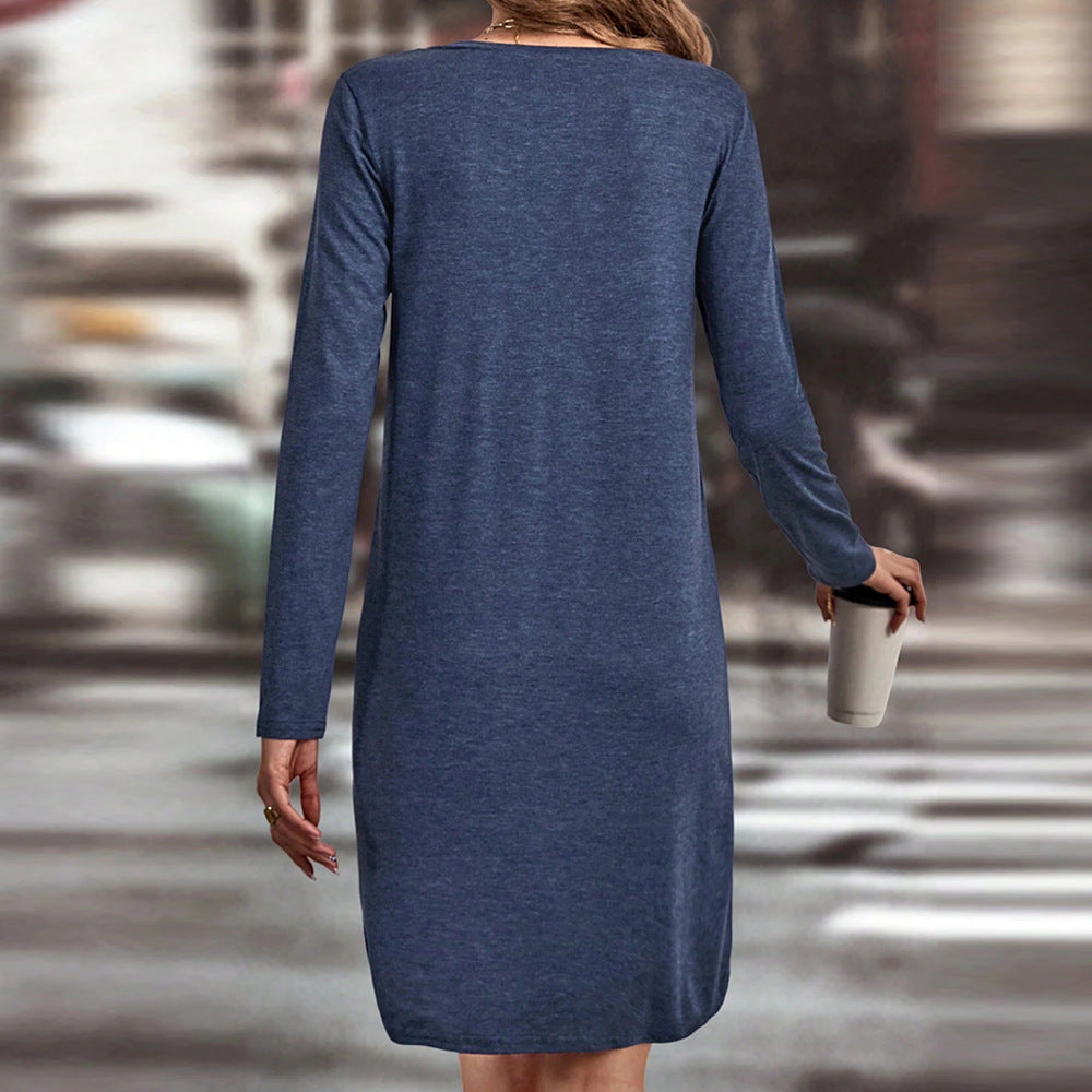 Damen lässiges Jersey-Kleid mit V-Ausschnitt Brusttasche und legerer A-Linie Drune