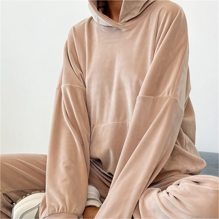 Damen bequemer Velours-Sweatanzug mit Kapuze und elastischem Bund Drune