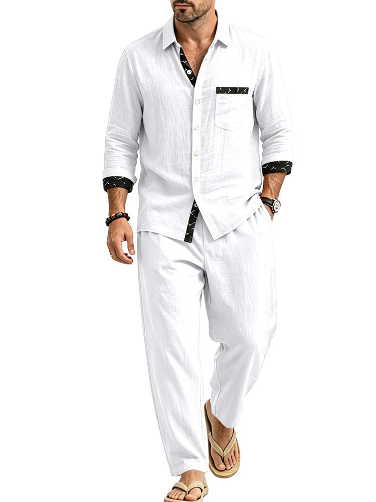 Herren Leichtes Leinenoptik Freizeit-Set mit Hemd und Relax-Hose Drune
