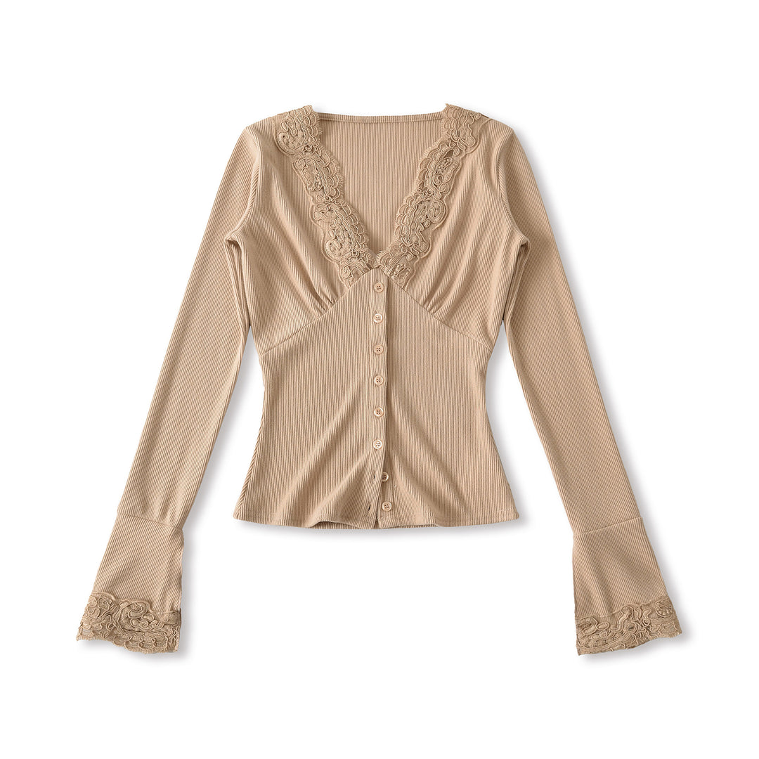 Damen Langarmshirt mit femininem Spitzenkragen und Knopfdetail Drune