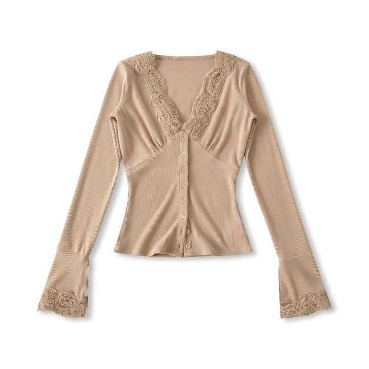 Damen Langarmshirt mit femininem Spitzenkragen und Knopfdetail Drune