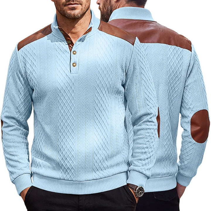 Herren Pullover mit Stehkragen, Zopfmuster und kontrastierenden Lederbesätzen Drune