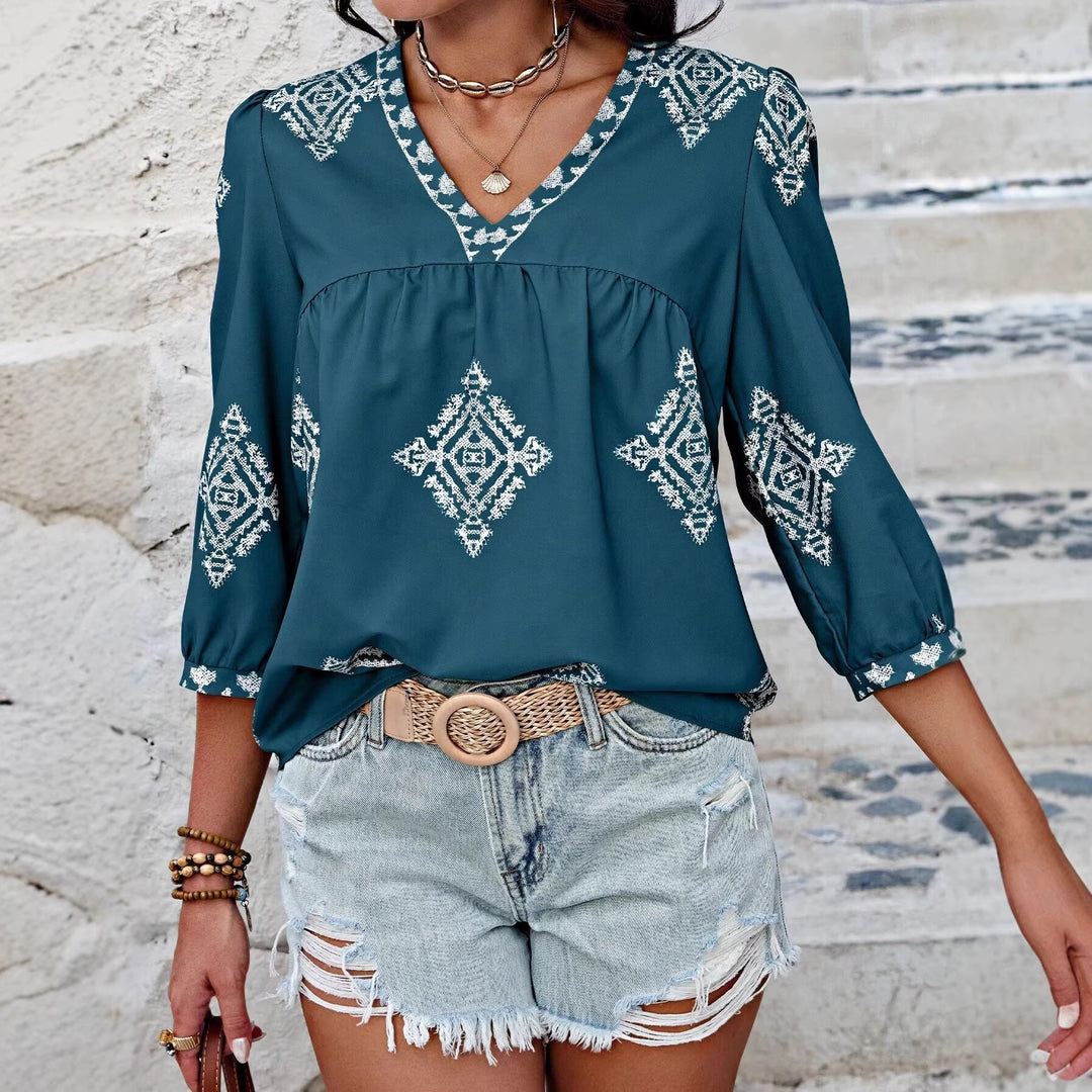 Damen Locker geschnittene Boho‑Bluse mit V‑Ausschnitt, geraffter Brustnaht und dreiviertelärmeln Drune