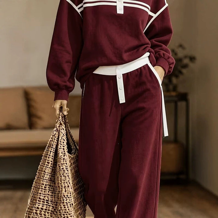 Damen Lounge-Set aus weichem Jersey mit Polokragen, Kontraststreifen und weiter Jogpant Drune