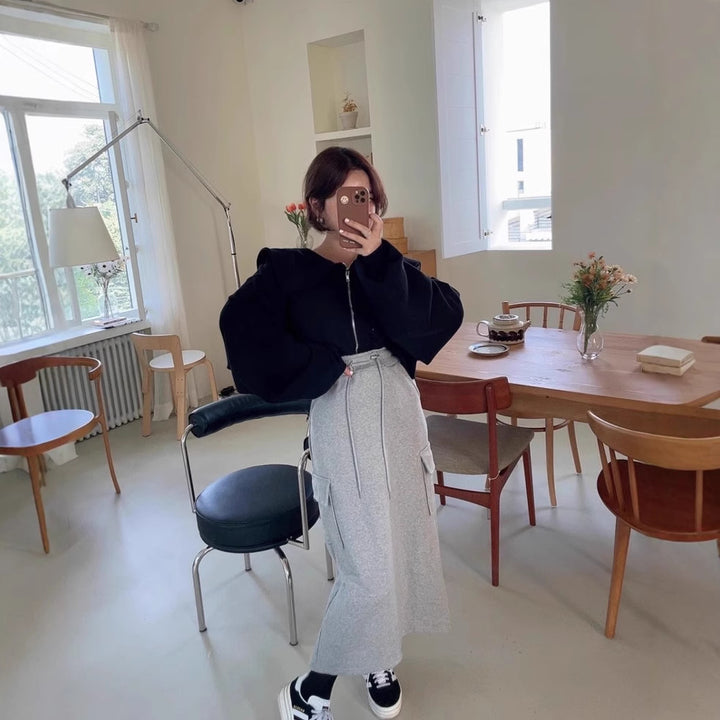 Damen cropped Sweatjacke mit großem Kragen Drune