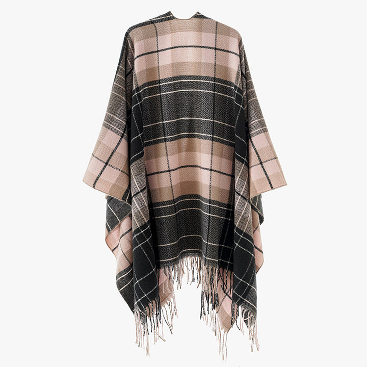 Damen Oversize-Kimono-Capeponcho im Karomuster mit Fransensaum Drune