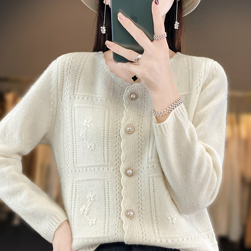 Damen Verzierter Strickcardigan mit Perlenknöpfen und Ajour‑Stickerei Drune