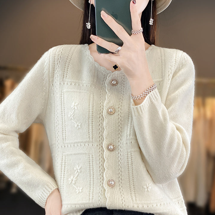 Damen Verzierter Strickcardigan mit Perlenknöpfen und Ajour‑Stickerei Drune