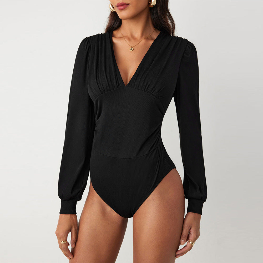 Damen Bodysuit mit eleganten Puffärmeln und tiefem V-Ausschnitt Drune