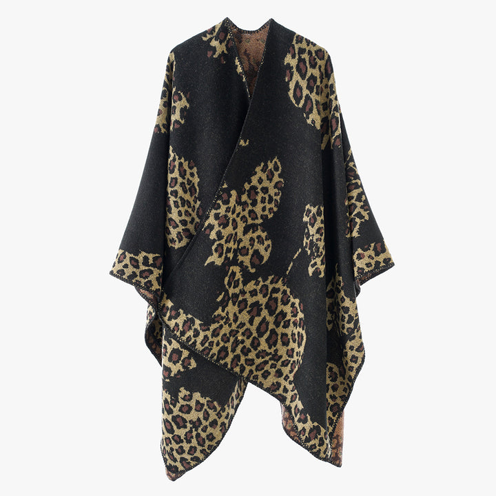 Damen Wolloptik-Überwurf mit gewebtem Leopard-Jacquard und offenem Zipfelrand Drune