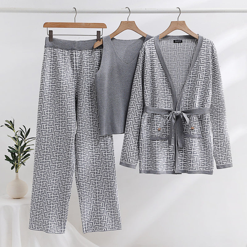 Damen modisches und luxuriöses Loungewear-Set mit elegantem Muster und praktischen Taschen Drune