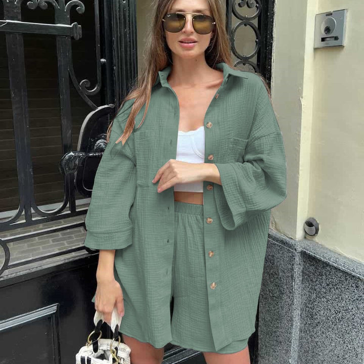 Damen Leichtes Kurzarm-Hemd und Shorts-Set Drune