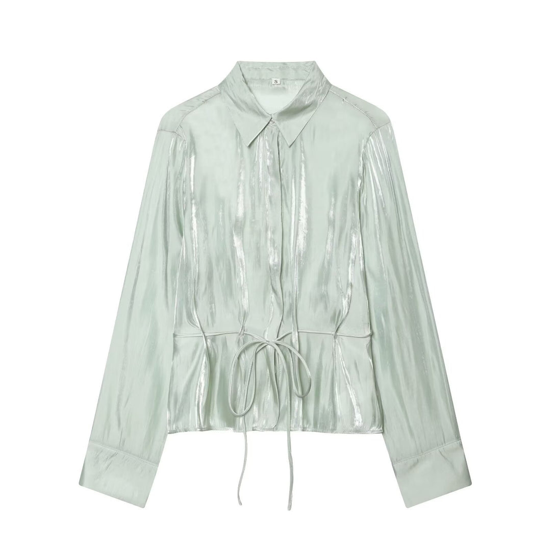 Damen schimmernde Bluse mit verstellbarem Taillenzug und elegantem Kragen Drune