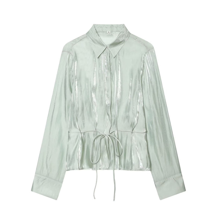 Damen schimmernde Bluse mit verstellbarem Taillenzug und elegantem Kragen Drune