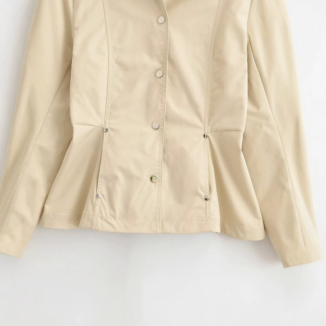 Damen Taillierte leichte Übergangsjacke mit Kontrastkragen und Druckknopfleiste Drune