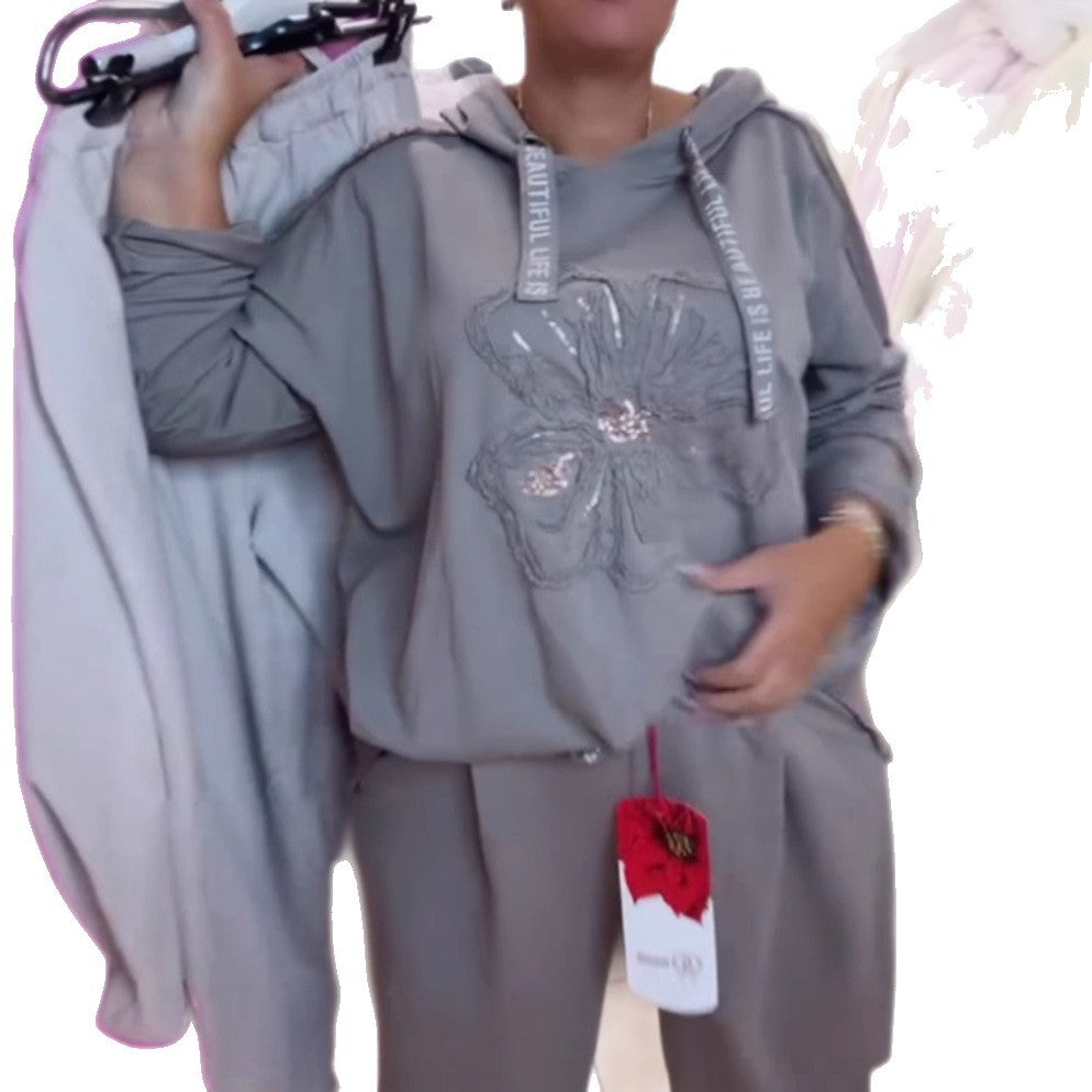 Damen nan entspanntes Lounge-Set mit Blüten-Pailletten-Hoodie, Kordelzug und weiter Bundfaltenhose Drune