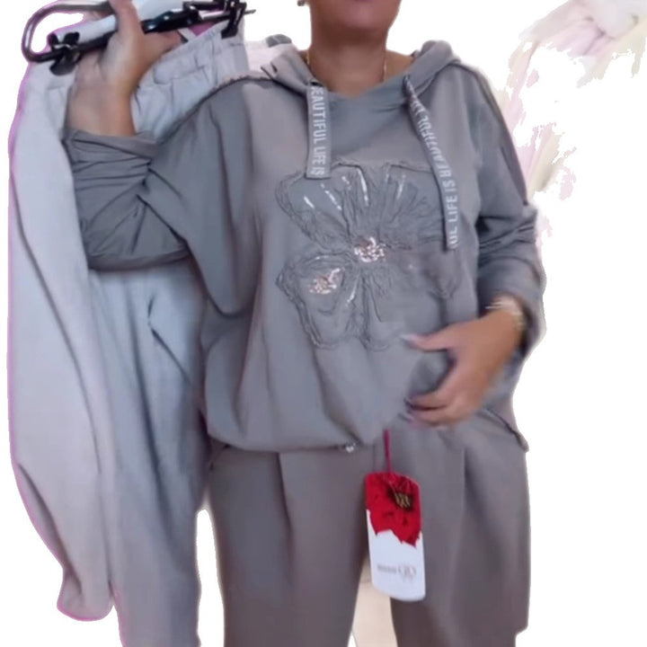 Damen nan entspanntes Lounge-Set mit Blüten-Pailletten-Hoodie, Kordelzug und weiter Bundfaltenhose Drune