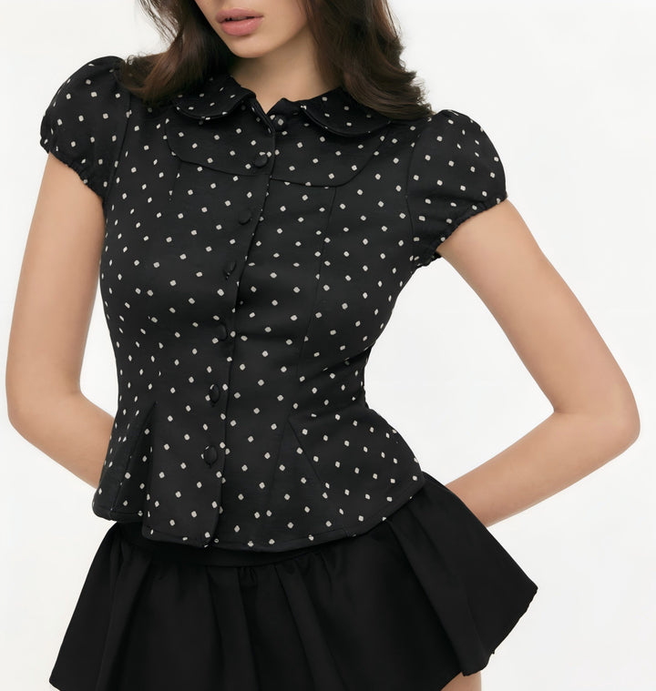 Damen Karo-Bluse mit Bubikragen, Taillierter Peplum-Silhouette und Puffärmeln Drune