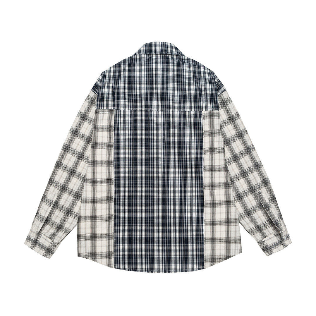 Unisex Oversized Hemdjacke mit Patchwork-Karomuster und abgerundetem Saum Drune