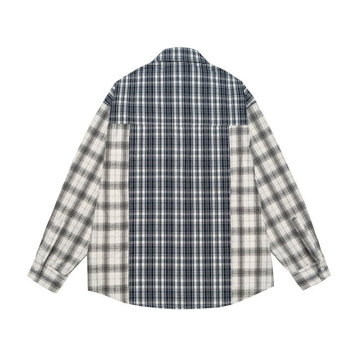 Unisex Oversized Hemdjacke mit Patchwork-Karomuster und abgerundetem Saum Drune