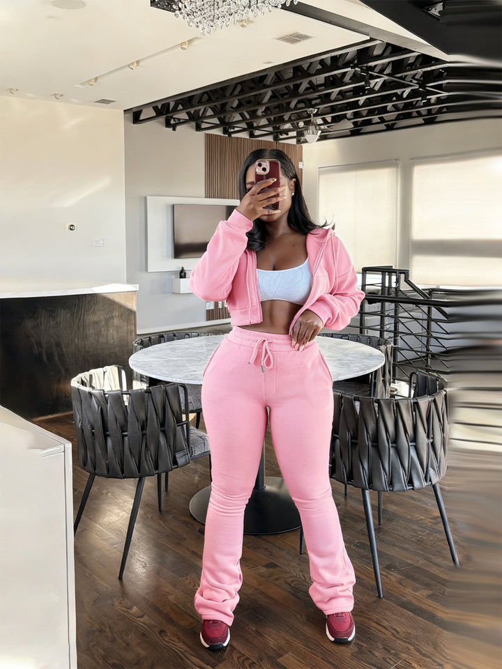 Damen nan kurz geschnittenes Zip-Hoodie und Highwaist-Jogginghose-Set mit Kordelzug und leicht gerafften Knöchelabschlüssen Drune