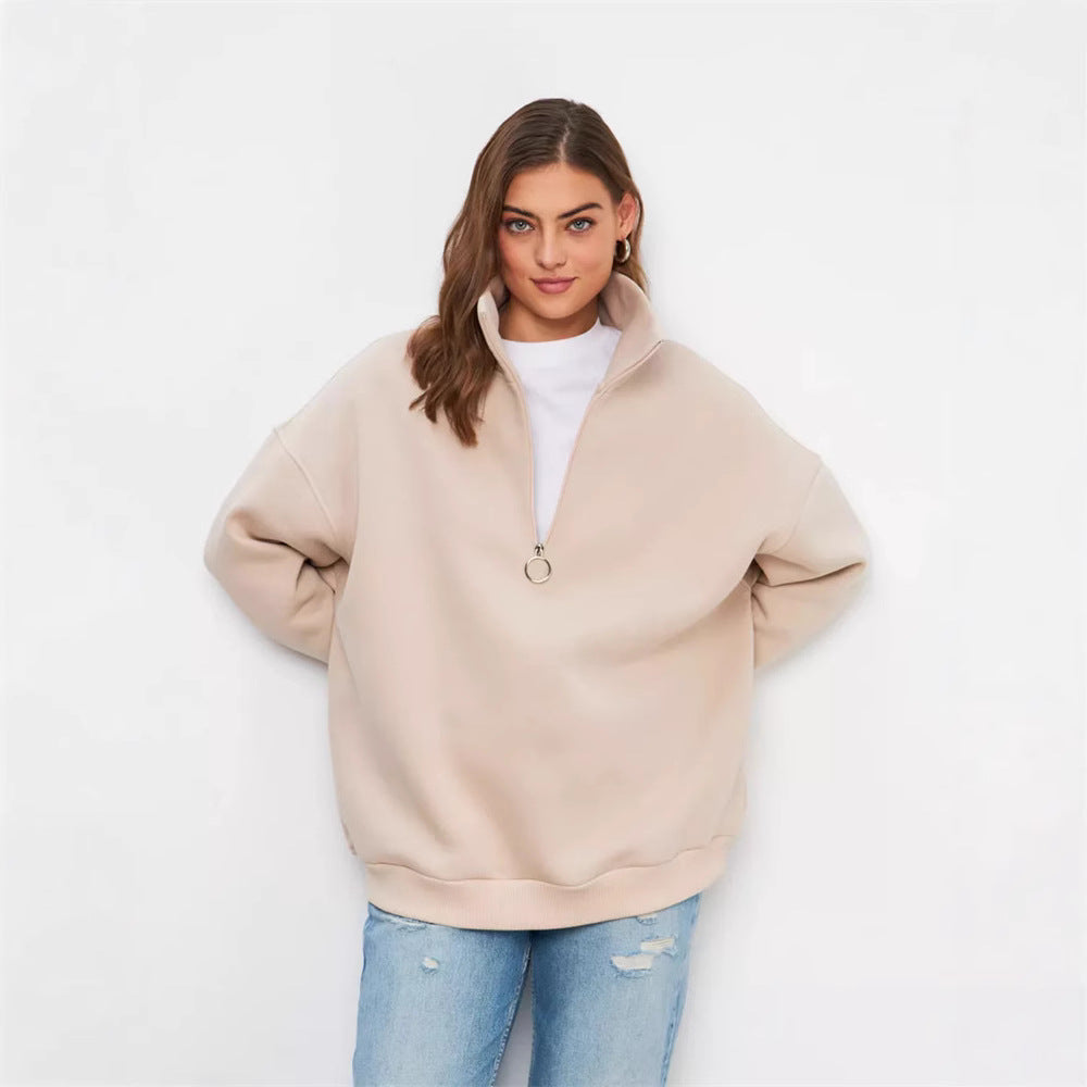 Damen Oversized Halbzip Sweater mit hohem Stehkragen und Rippbündchen Drune