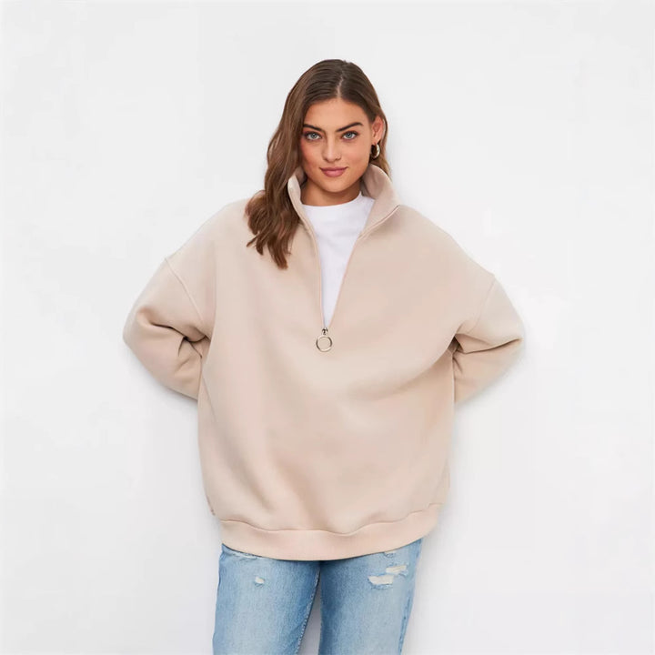 Damen Oversized Halbzip Sweater mit hohem Stehkragen und Rippbündchen Drune