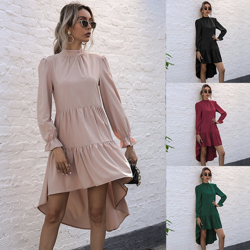 Damen Elegantes Hochgeschlossenes Kleid mit Rüschen Drune