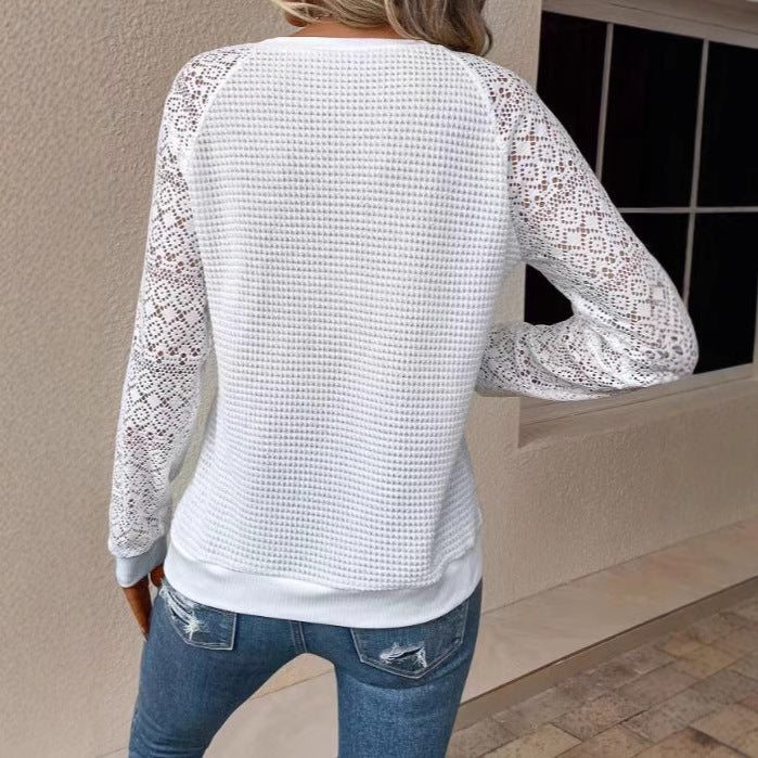 Damen nan Pullover mit Waffelstruktur, Raglanform und transparenter Spitzenärmel Drune