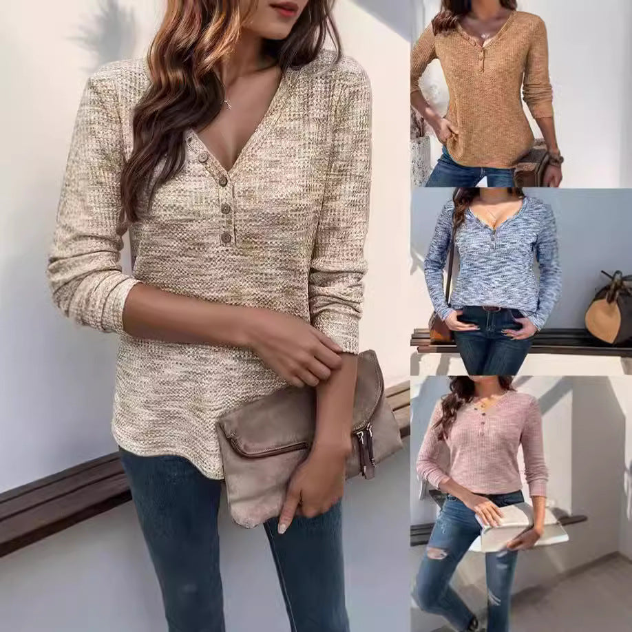 Damen Langarmshirt mit strukturiertem Halsausschnitt und Knopfdetails Drune