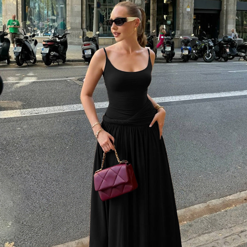 Damen Elegantes Maxikleid mit Drapierung und Spaghetti-Trägern Drune