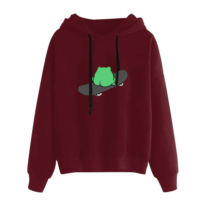 Damen nan kurz geschnittener Cropped-Kapuzenpullover mit niedlicher Frosch-Illustration und verstellbarer Kapuze Drune