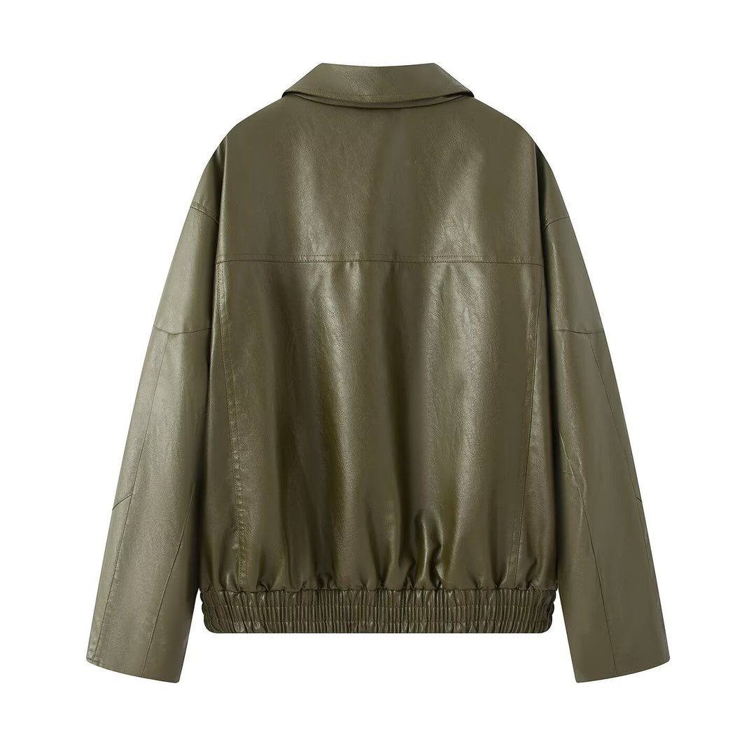 Damen elegante Kunstlederjacke mit praktischen Reißverschluss-Taschen Drune