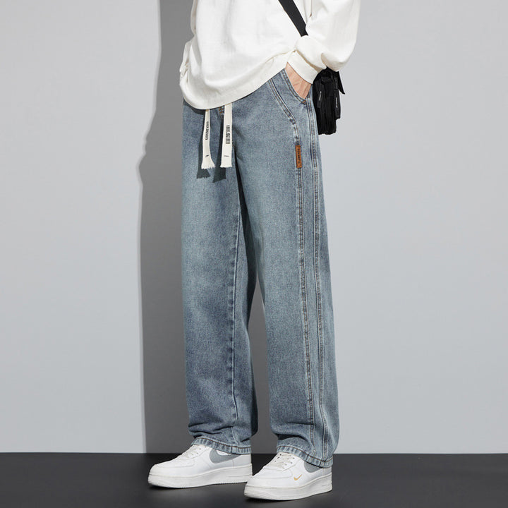 Herren Weite Denim-Hose im Lounge-Style mit Tunnelzugbund und geradem Bein Drune