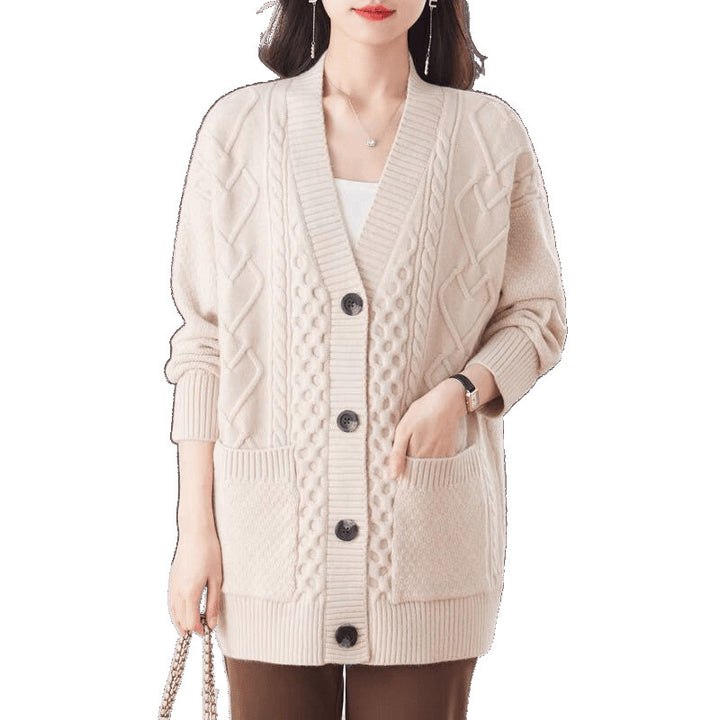 Damen gemütliche Strickjacke mit großem Zopfmuster Drune