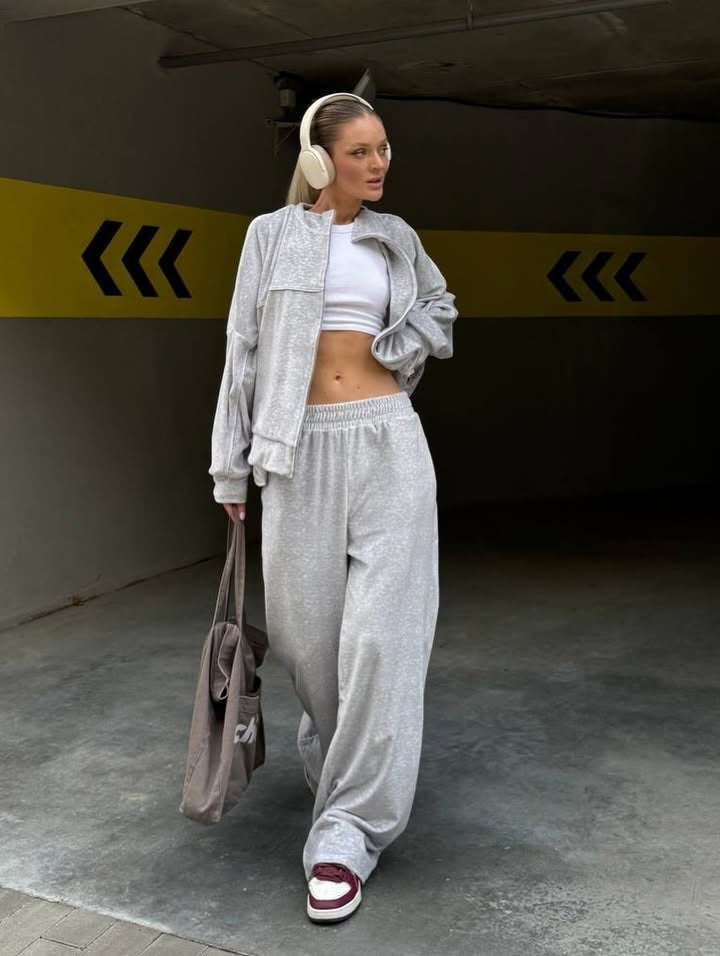 Damen Relaxed-Fleece-Set mit halblanger Zipjacke und extraweiter High-Waist Jogginghose Drune