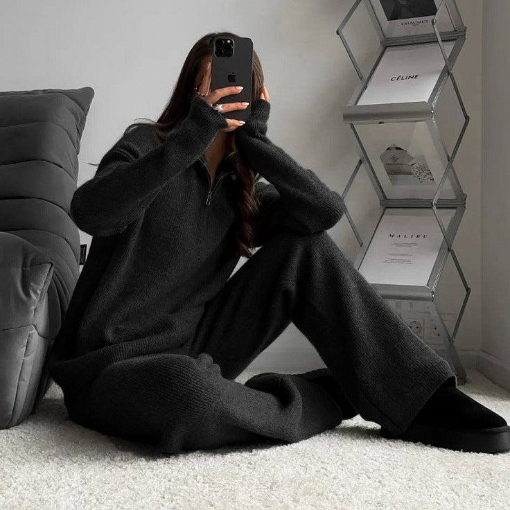 Damen geripptes Relax-Strick-Set mit halbem Reißverschluss und hochgeschnittener Leggings Drune
