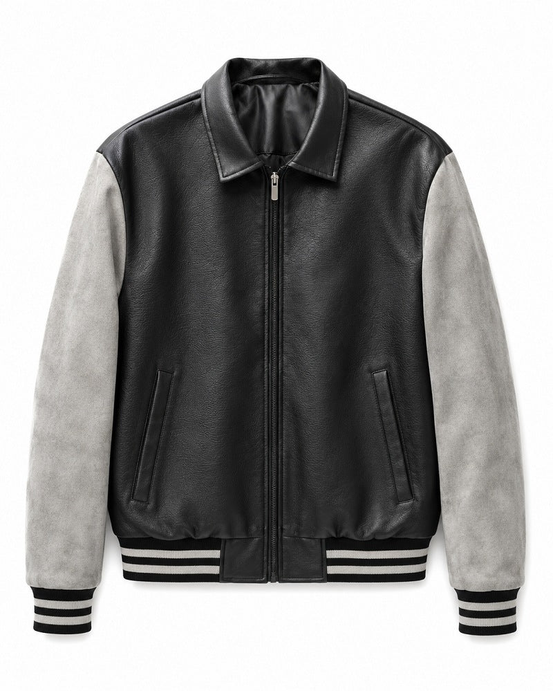 Herren Retro Letterman‑Bomber mit glattem Kunstlederkörper und Veloursärmmel-Detail Drune