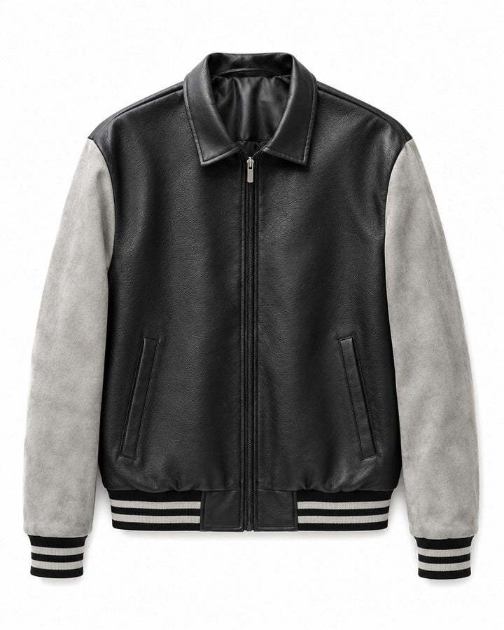 Herren Retro Letterman‑Bomber mit glattem Kunstlederkörper und Veloursärmmel-Detail Drune