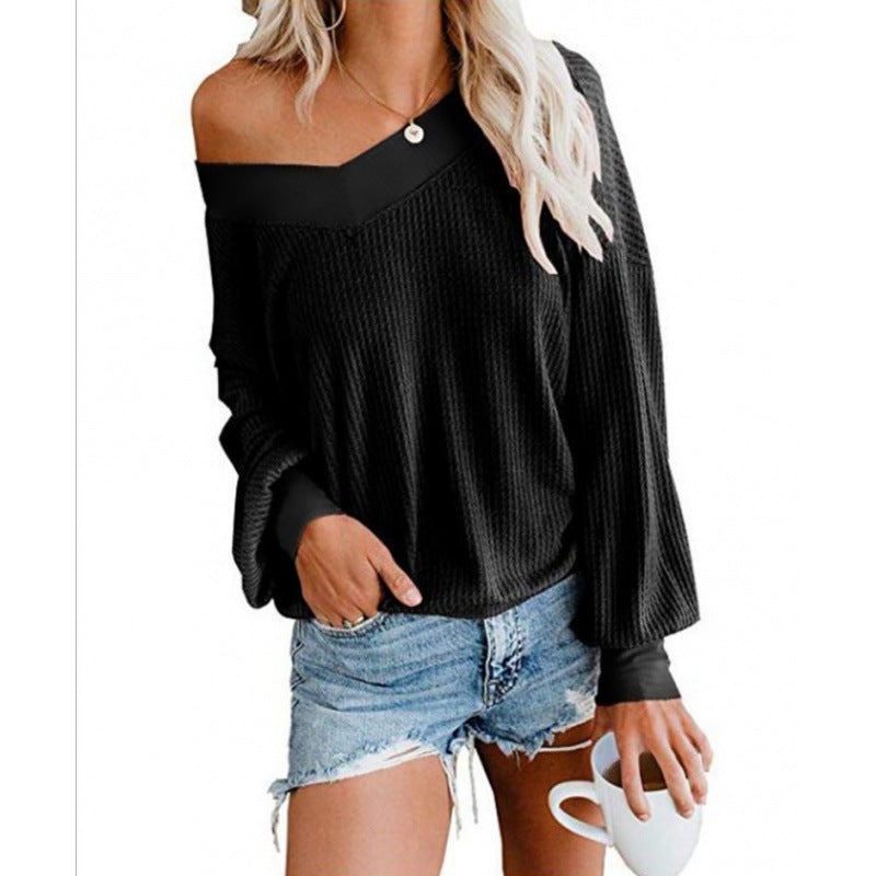 Damen Off‑Shoulder Waffelstrickpullover mit weitem Arm und elastischen Bündchen Drune