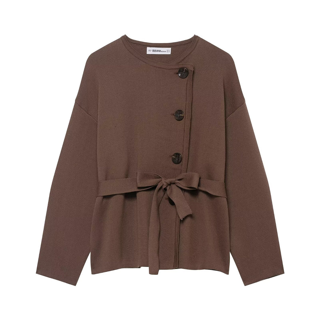 Damen Strickjacke mit asymmetrischer Knopfblende und Taillengürtel Drune