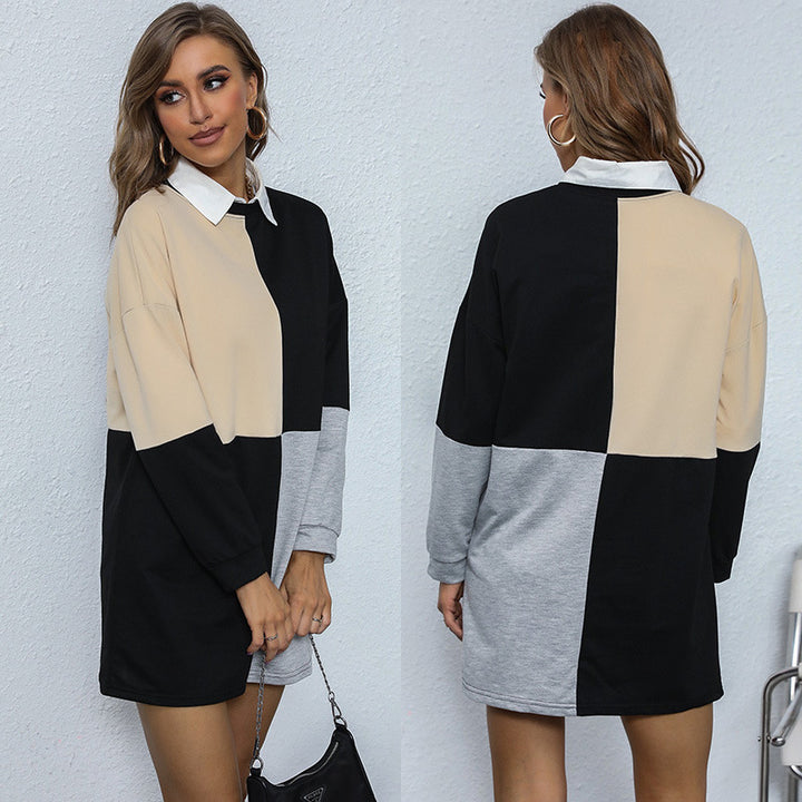 Damen Longline-Sweatkleid mit Hemdblusenkragen, Colorblock-Panels und lockerer Passform Drune