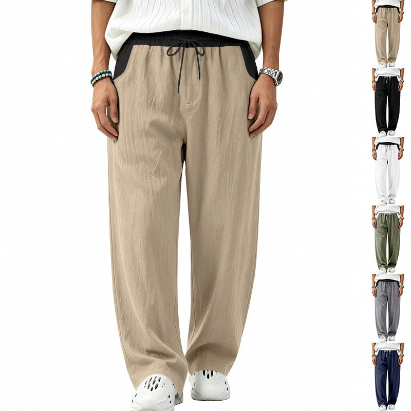 Herren Locker sitzende Leinen-Mischstoff Freizeithose mit Elastischem Tunnelzug und Seitentaschen Drune